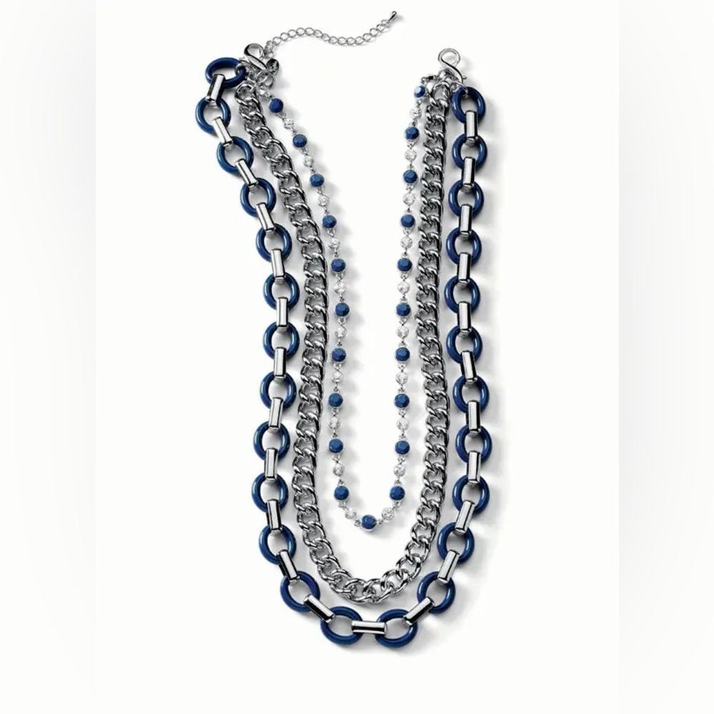 NWT Retired Lia Sophia “Wayfarer” Navy Blue/Silver Chain Link 3-1 Necklace